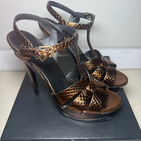 PRE-OWNED - Yves Saint Laurent Tribute Metallic Snakeskin Heel Sandals Size 39.5 - Picture 5 of 14